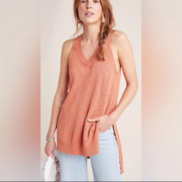 Anthropologie Desmond Rust Orange VNeck Linen Blend Knit Tunic Top Sweater Large - Picture 7 of 10